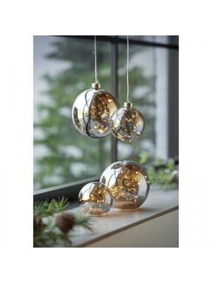 Set doua globuri din sticla fumurie cu LED pentru agatat, un glob de 15 cm, un glob de 10 cm