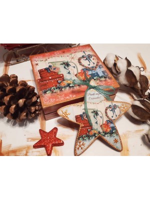  Set cadou pentru Craciun, handmade, format din cutie confectionata din lemn, 16x16 cm si decoratiune din lemn in forma de stea, 14 cm.